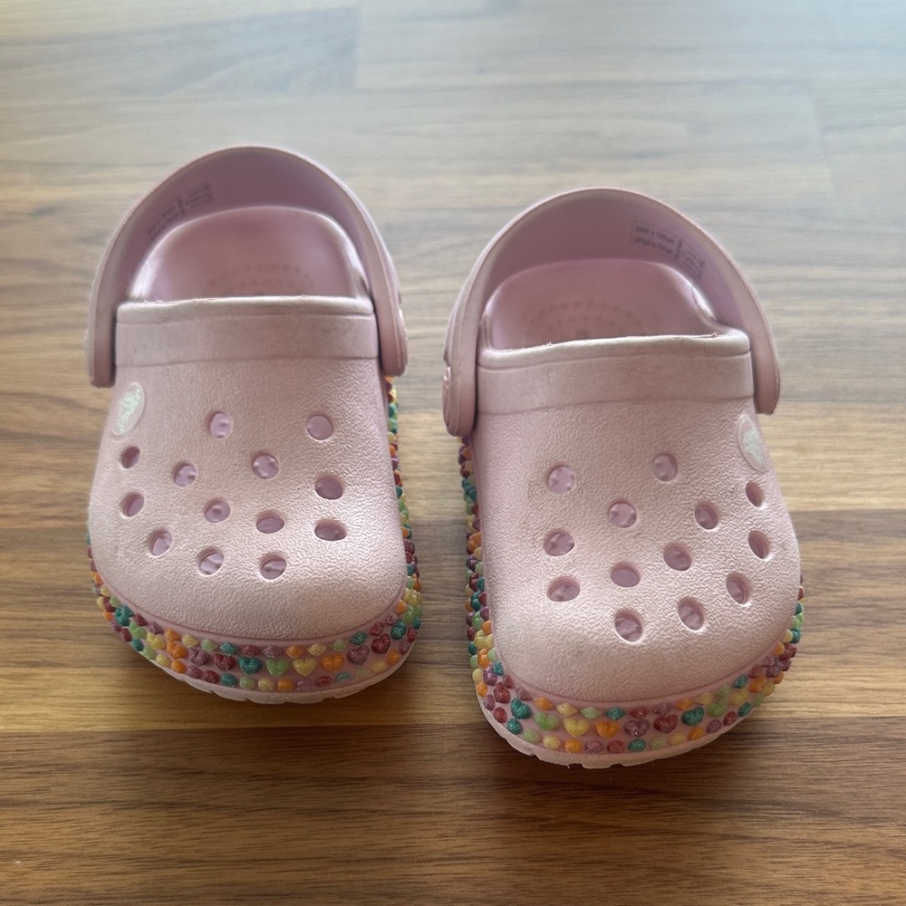 CROCS Light Pink Kids Clogs with Multicolor Beaded Sole
